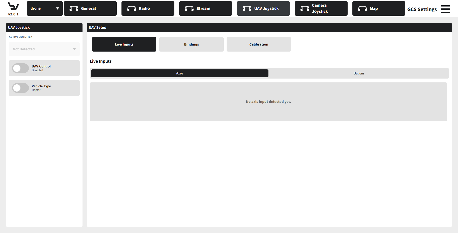 UAV joystick settings